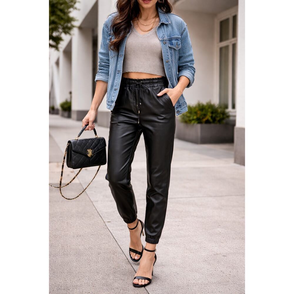 Love Tree Faux Leather Jogger Pants Black High Rise Size S